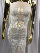 4 Way Stretch - White - Triangle Design Sequins Fabric Embroidered Mesh Sold By The Yard