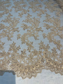Lace Sequins Fabric - Corded Flower Embroidery Design Mesh Fabric - 25 Yard Roll