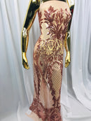 4 Way Stretch - Pink - Triangle Design Sequins Fabric Embroidered Mesh Sold By The Yard