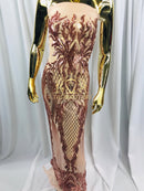 4 Way Stretch - Pink - Triangle Design Sequins Fabric Embroidered Mesh Sold By The Yard
