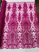 Luxury Bead Design - Magenta - Floral Fabric Embroidered w/ Pearls-Beads on Mesh Lace By Yard