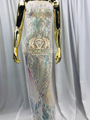 4 Way Stretch - Iridescent Clear - Triangle Design Sequins Fabric Embroidered Mesh Sold By The Yard