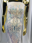 4 Way Stretch - Iridescent Clear - Triangle Design Sequins Fabric Embroidered Mesh Sold By The Yard