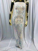 4 Way Stretch - Iridescent Clear - Triangle Design Sequins Fabric Embroidered Mesh Sold By The Yard