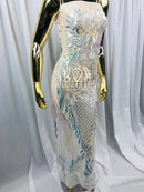 4 Way Stretch - Iridescent Clear - Triangle Design Sequins Fabric Embroidered Mesh Sold By The Yard