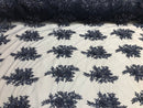 Beaded - Navy Blue - Embroidered Floral Design Fancy Sequins Fabric with Beads Sold By The Yard