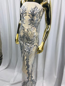 4 Way Stretch - Silver - Triangle Design Sequins Fabric Embroidered Mesh Sold By The Yard