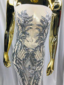 4 Way Stretch - Silver - Triangle Design Sequins Fabric Embroidered Mesh Sold By The Yard