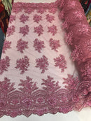 Beaded - Pink - Embroidered Floral Design Fancy Sequins Fabric with Beads Sold By The Yard