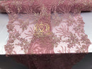 Beaded - Pink - Fancy Flower Design Sequins Fabric with Beads Sold By The Yard