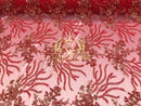 Beaded - Red - Fancy Flower Design Sequins Fabric with Beads Sold By The Yard