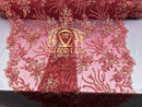 Beaded - Fuschia - Fancy Flower Design Sequins Fabric with Beads Sold By The Yard