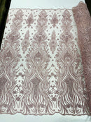 Luxury Bead Design - Rose - Floral Fabric Embroidered w/ Pearls-Beads on Mesh Lace By Yard