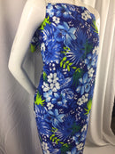 Poly Cotton Print Upholstery & Floral Fabric - Blue and Green Hawaiian Print -  Sold By The Yard