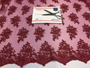 Wedding Dress - Burgundy - French Sequin Flower Design On Mesh Lace Fabric Sold By Yard