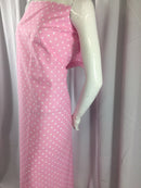 Poly Cotton Print Upholstery & Floral Fabric - Pink and White - Polka Dot Print - Sold By The Yard