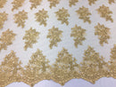 Wedding Dress - Gold - French Sequin Flower Design On Mesh Lace Fabric Sold By Yard