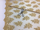 Wedding Dress - Gold - French Sequin Flower Design On Mesh Lace Fabric Sold By Yard