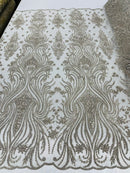 Luxury Bead Design - Taupe - Floral Fabric Embroidered w/ Pearls-Beads on Mesh Lace By Yard