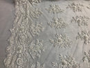 Beaded - White - Embroidered Floral Design Fancy Sequins Fabric with Beads Sold By The Yard