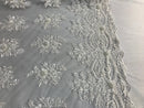 Beaded - White - Embroidered Floral Design Fancy Sequins Fabric with Beads Sold By The Yard