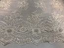 Beaded - White - Embroidered Floral Design Fancy Sequins Fabric with Beads Sold By The Yard