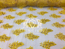 Lace Fabric - Gold / Yellow - Corded Flowers Embroidery With Sequins On Mesh Sold By The Yard