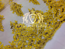 Lace Fabric - Gold / Yellow - Corded Flowers Embroidery With Sequins On Mesh Sold By The Yard