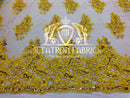 Lace Fabric - Gold / Yellow - Corded Flowers Embroidery With Sequins On Mesh Sold By The Yard